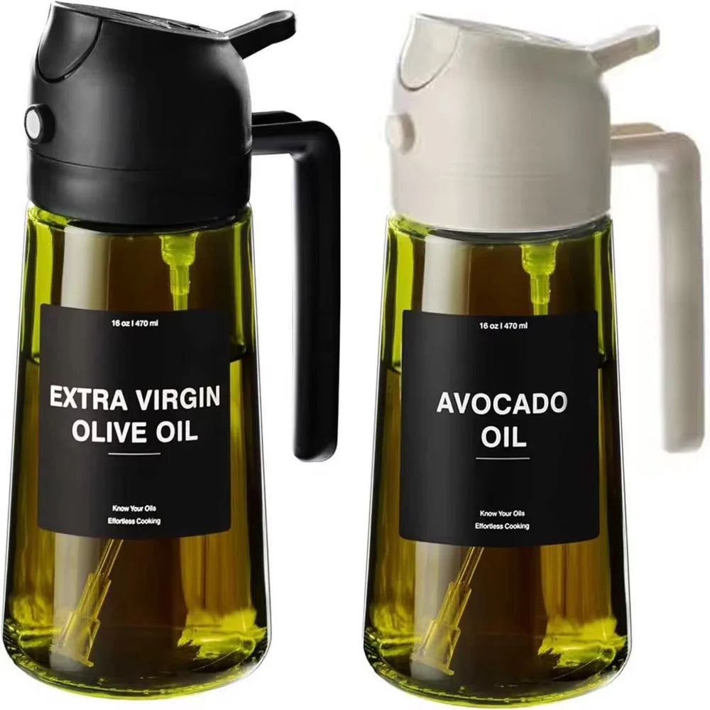 2-in-1 Olive Oil Dispenser and Sprayer - Dark Green Glass Bottle with Stickers, 16 Oz (470 Ml)