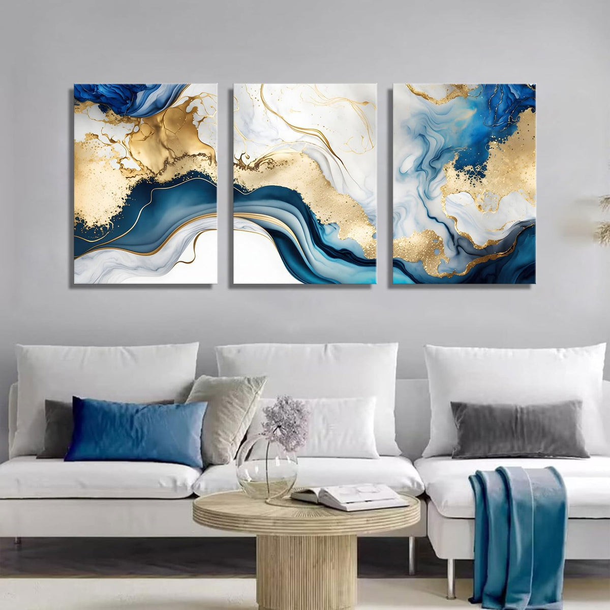 Blue & Gold Marble Wall Art — 3 Piece