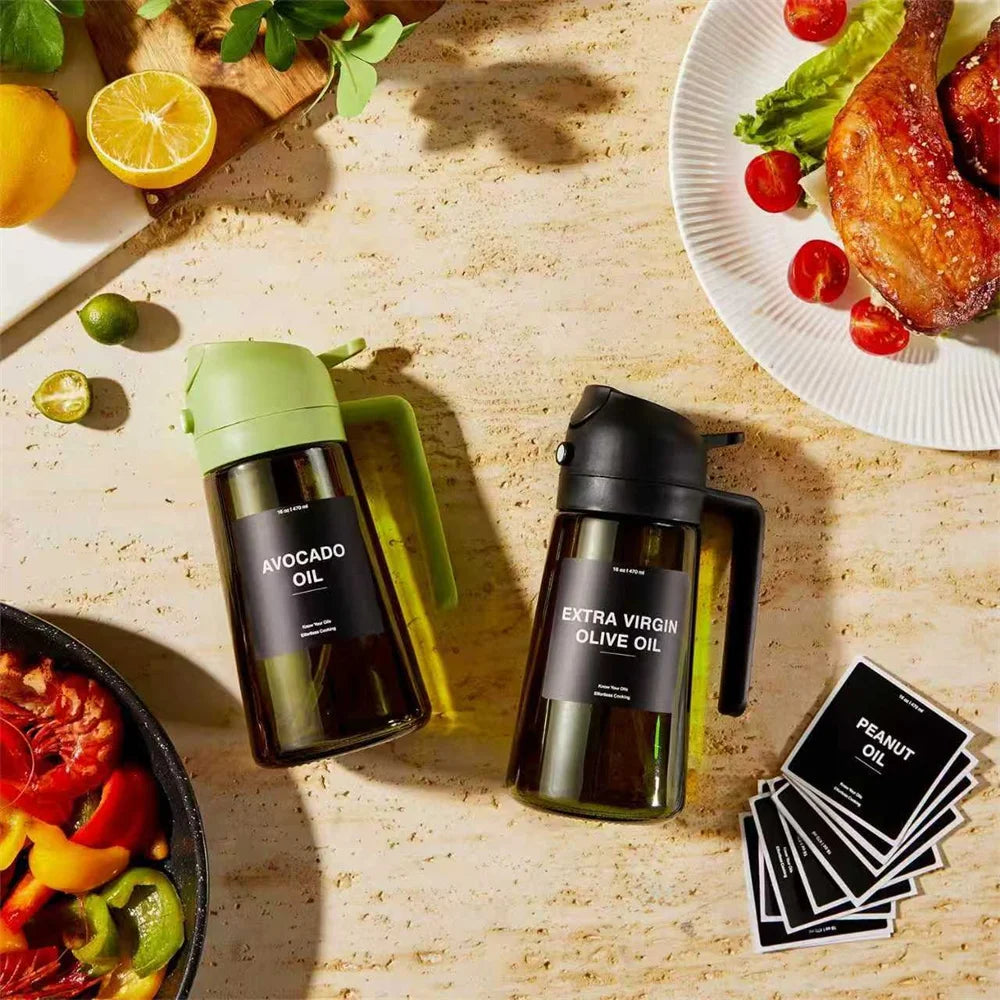 2-in-1 Olive Oil Dispenser and Sprayer - Dark Green Glass Bottle with Stickers, 16 Oz (470 Ml)