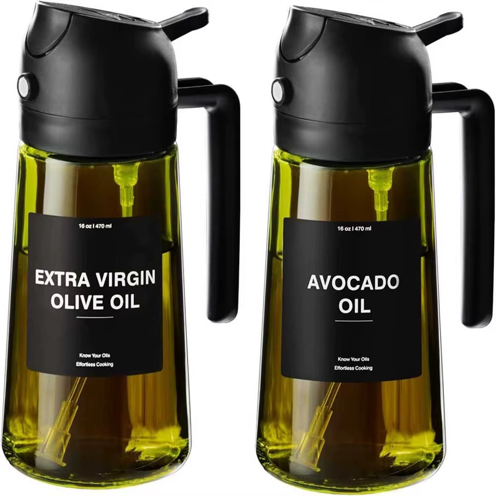 2-in-1 Olive Oil Dispenser and Sprayer - Dark Green Glass Bottle with Stickers, 16 Oz (470 Ml)