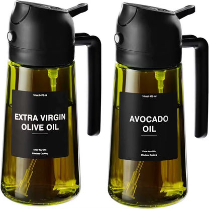 2-in-1 Olive Oil Dispenser and Sprayer - Dark Green Glass Bottle with Stickers, 16 Oz (470 Ml)