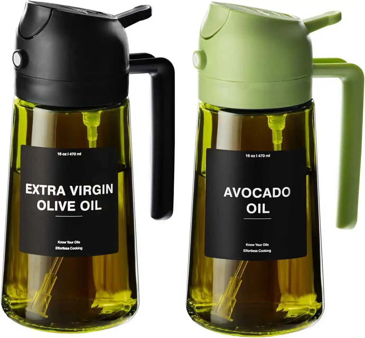2-in-1 Olive Oil Dispenser and Sprayer - Dark Green Glass Bottle with Stickers, 16 Oz (470 Ml)