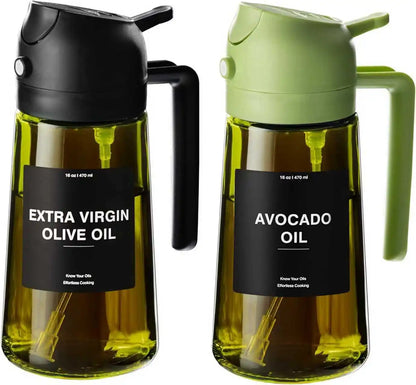 2-in-1 Olive Oil Dispenser and Sprayer - Dark Green Glass Bottle with Stickers, 16 Oz (470 Ml)