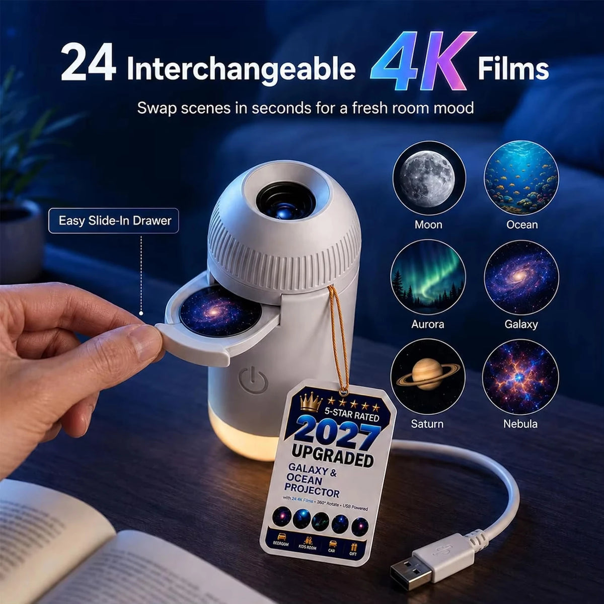 StarGlow Galaxy Projector - 360° Adjustable • USB Powered • Ambient Starry-Sky Lighting