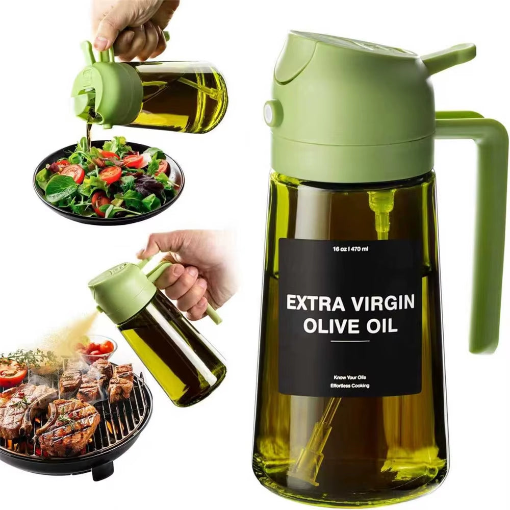 2-in-1 Olive Oil Dispenser and Sprayer - Dark Green Glass Bottle with Stickers, 16 Oz (470 Ml)