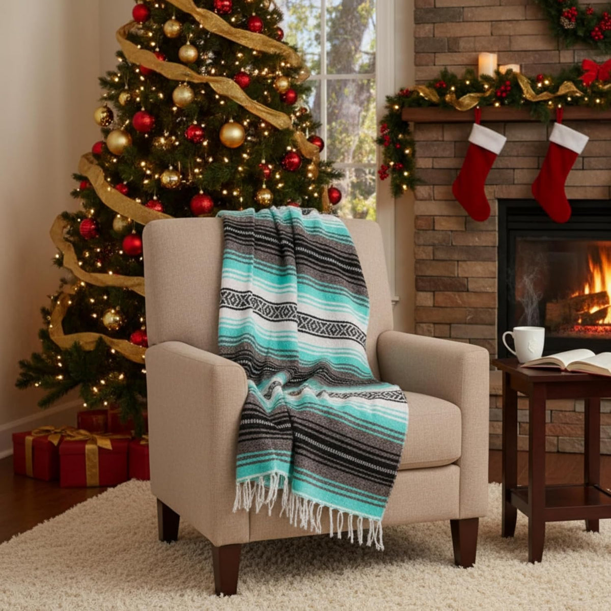 Woven Serape Throw Blanket, Mint, 50 x 70 in (127 x 178 cm)
