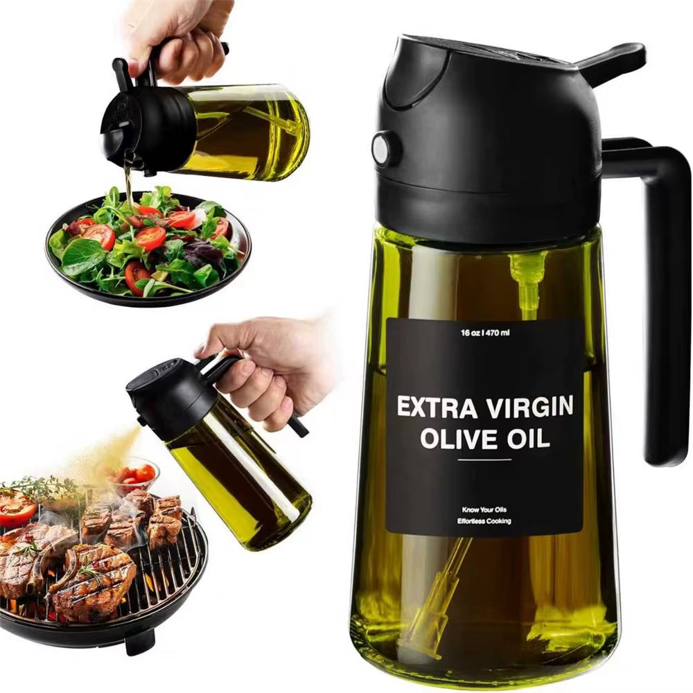 2-in-1 Olive Oil Dispenser and Sprayer - Dark Green Glass Bottle with Stickers, 16 Oz (470 Ml)