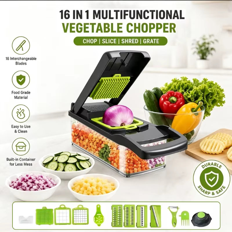16 in 1 Multifunctional Portable Kitchen Vegetable Chopper Shredder Slicer Potato Carrot Grater Home Fruit Veggie Food Processor