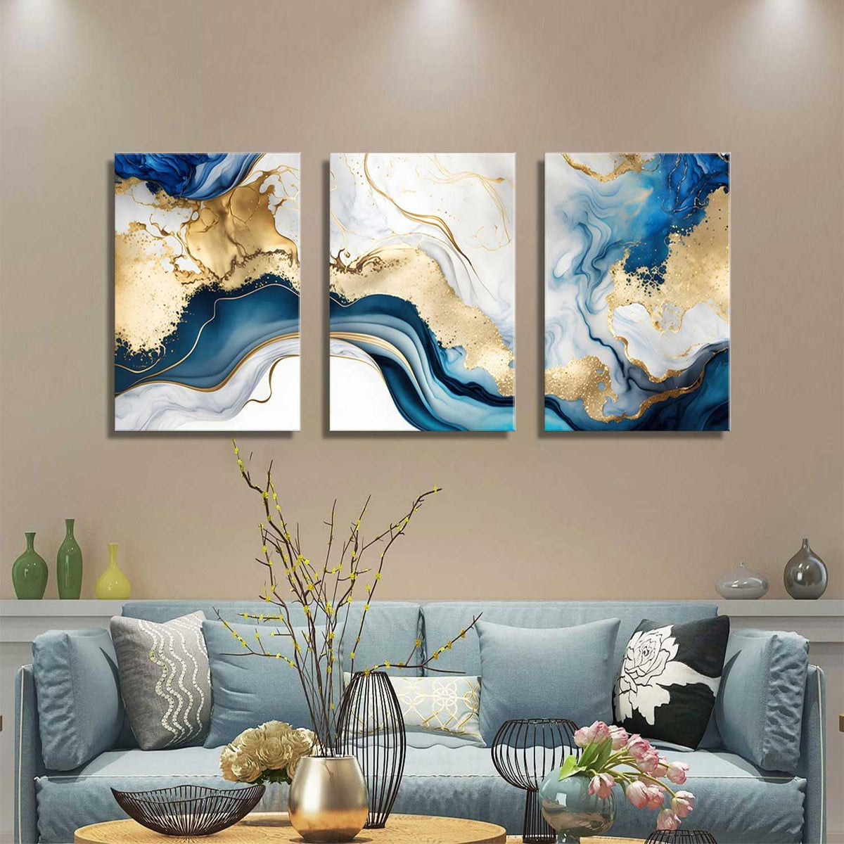 Blue & Gold Marble Wall Art — 3 Piece