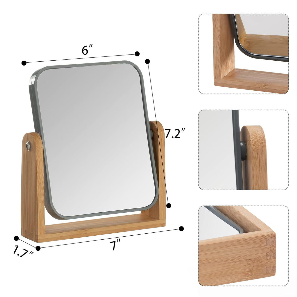 Double-Sided 3x Magnifying Makeup Mirror with Bamboo Stand, Grey
