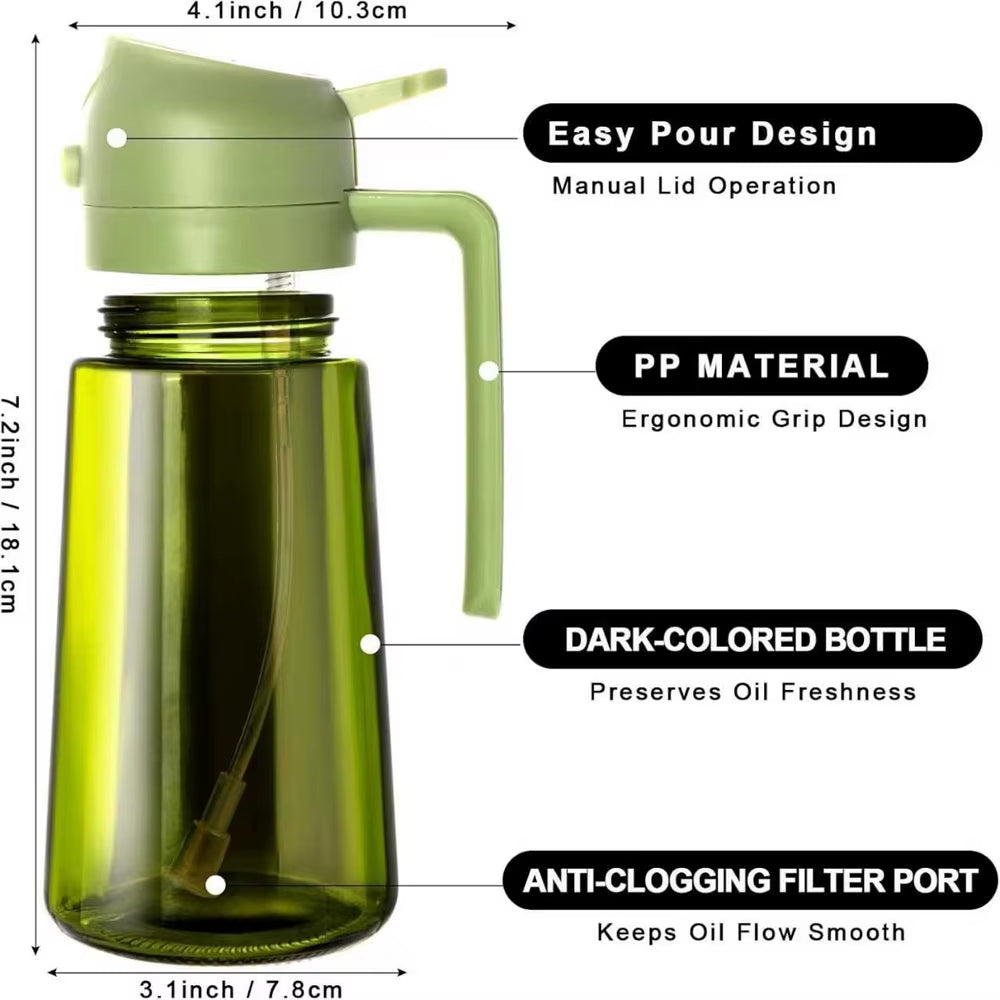 2-in-1 Olive Oil Dispenser and Sprayer - Dark Green Glass Bottle with Stickers, 16 Oz (470 Ml)