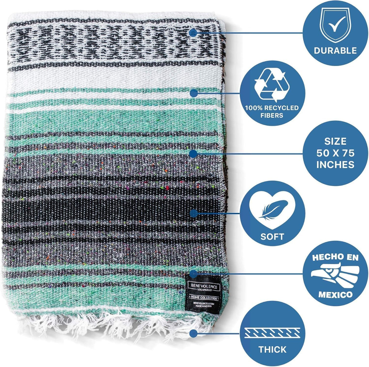 Woven Serape Throw Blanket, Mint, 50 x 70 in (127 x 178 cm)