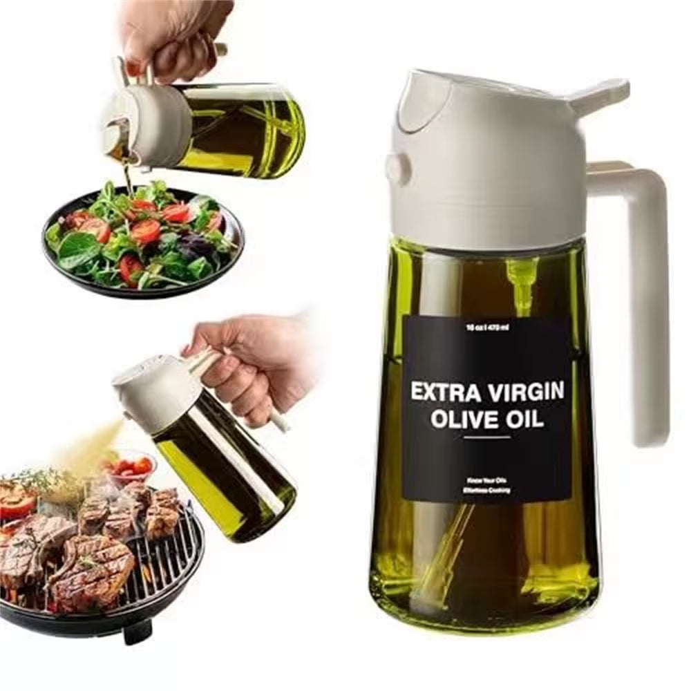 2-in-1 Olive Oil Dispenser and Sprayer - Dark Green Glass Bottle with Stickers, 16 Oz (470 Ml)