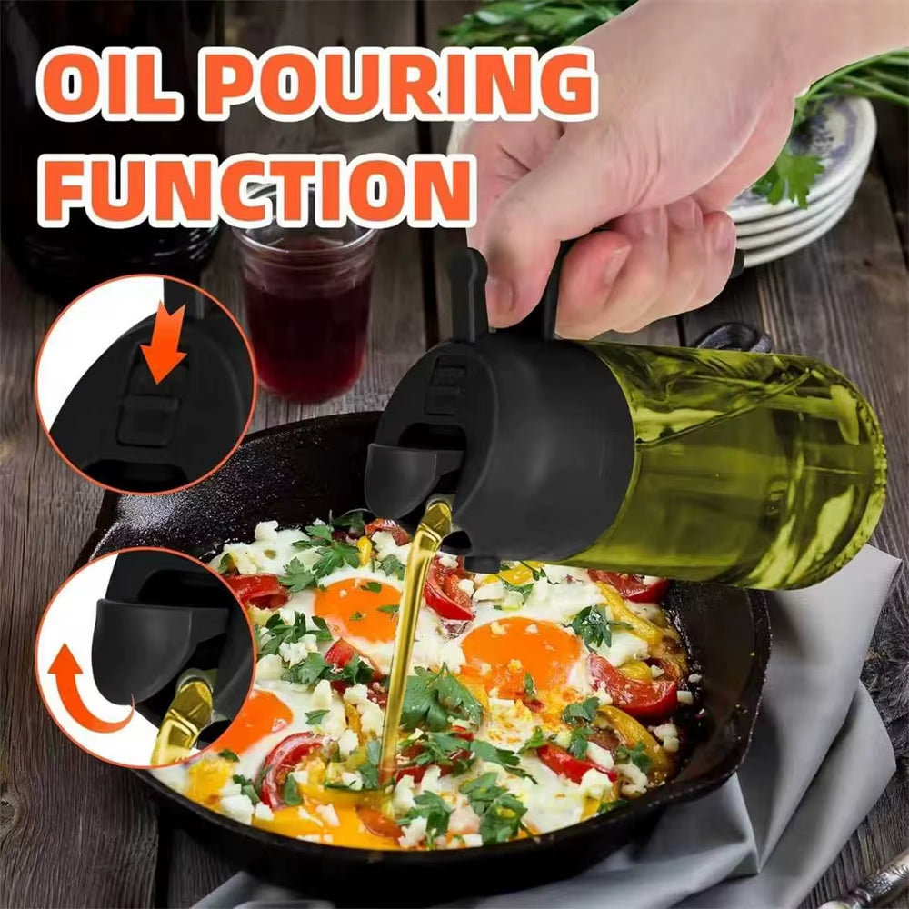 2-in-1 Olive Oil Dispenser and Sprayer - Dark Green Glass Bottle with Stickers, 16 Oz (470 Ml)