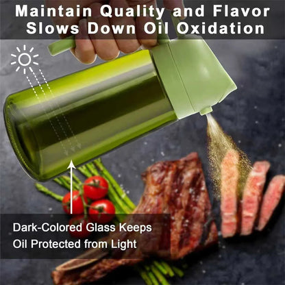 2-in-1 Olive Oil Dispenser and Sprayer - Dark Green Glass Bottle with Stickers, 16 Oz (470 Ml)