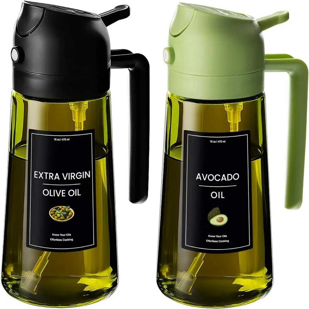 2-in-1 Olive Oil Dispenser and Sprayer - Dark Green Glass Bottle with Stickers, 16 Oz (470 Ml)